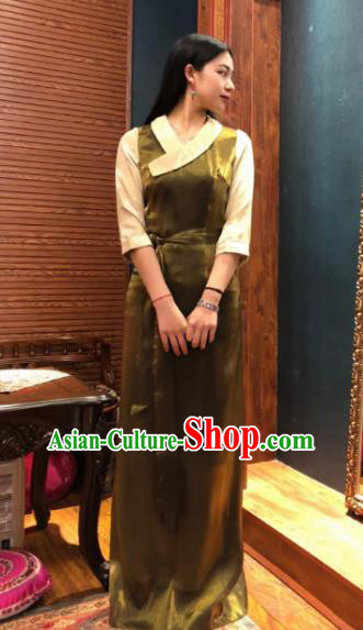 Chinese Traditional Zang Nationality Female Olive Green Dress Tibetan Robe Ethnic Dance Costume for Women
