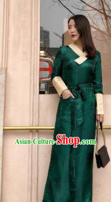 Chinese Traditional Zang Nationality Deep Green Dress Tibetan Ethnic Costume for Women