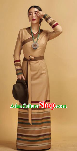 Chinese Traditional Ethnic Khaki Tibetan Robe Zang Nationality Female Dress Costume for Women