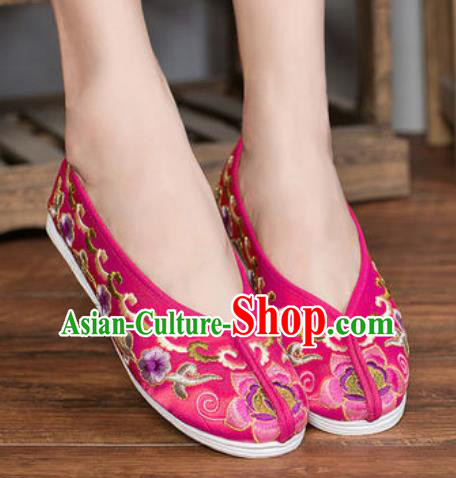 Chinese Embroidered Plum Shoes Traditional Opera Rosy Satin Shoes Wedding Shoes Hanfu Princess Shoes for Women