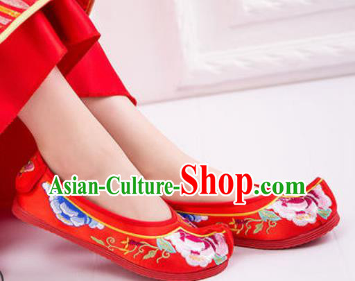 Chinese Embroidered Peony Shoes Traditional Opera Red Satin Shoes Wedding Shoes Hanfu Princess Shoes for Women
