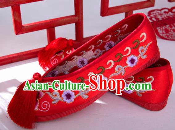 Chinese Traditional Embroidered Plum Shoes Opera Red Satin Shoes Wedding Shoes Hanfu Princess Shoes for Women