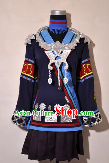 Chinese Traditional Cosplay Young Lady Costume Ancient Female Swordsman Navy Blue Dress for Women