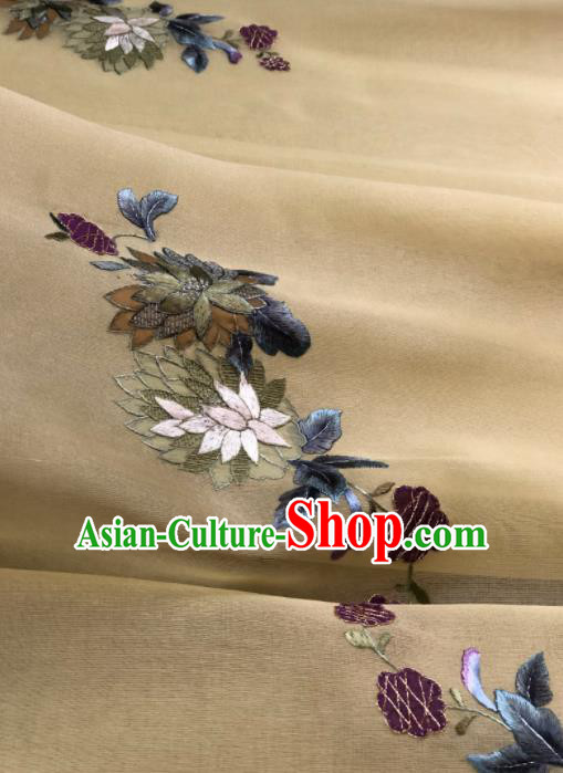 Traditional Chinese Embroidered Lotus Yellow Silk Fabric Classical Pattern Design Brocade Fabric Asian Satin Material