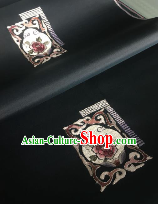 Traditional Chinese Embroidered Peony Flowers Black Silk Fabric Classical Pattern Design Brocade Fabric Asian Satin Material