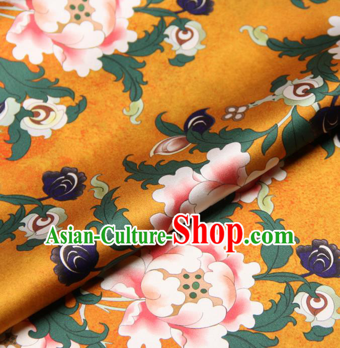 Chinese Traditional Classical Peony Pattern Yellow Brocade Damask Asian Satin Drapery Silk Fabric