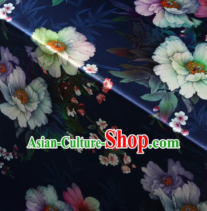 Chinese Traditional Classical Peach Flowers Pattern Navy Brocade Damask Asian Satin Drapery Silk Fabric