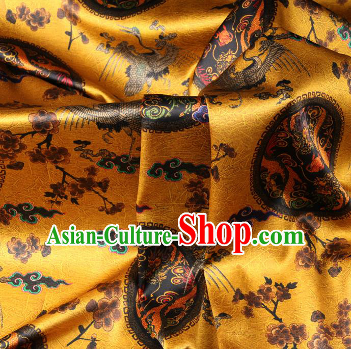 Chinese Traditional Classical Crane Dragon Pattern Yellow Brocade Damask Asian Satin Drapery Silk Fabric