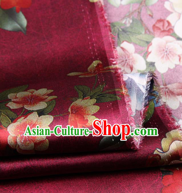 Chinese Traditional Classical Peach Flowers Pattern Wine Red Brocade Damask Asian Satin Drapery Silk Fabric