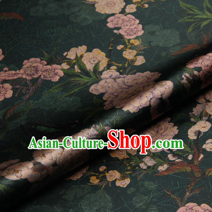 Chinese Traditional Classical Peach Blossom Pattern Deep Green Brocade Damask Asian Satin Drapery Silk Fabric