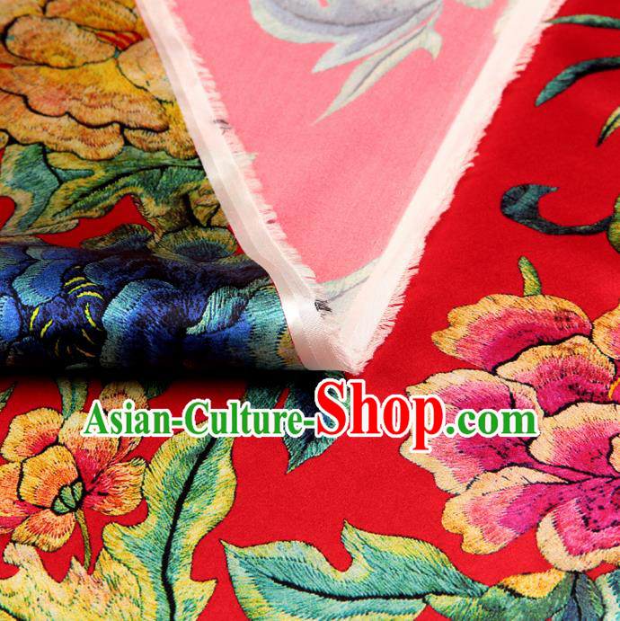 Chinese Traditional Classical Peony Pattern Red Brocade Damask Asian Satin Drapery Silk Fabric