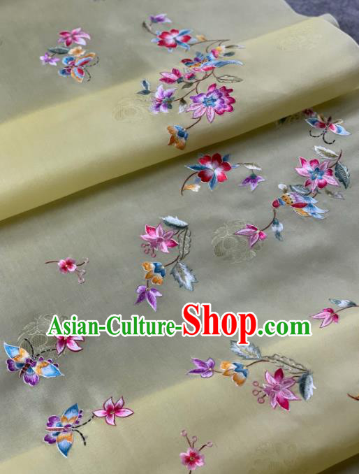 Traditional Chinese Satin Classical Embroidered Flower Bird Pattern Design Yellow Brocade Fabric Asian Silk Fabric Material
