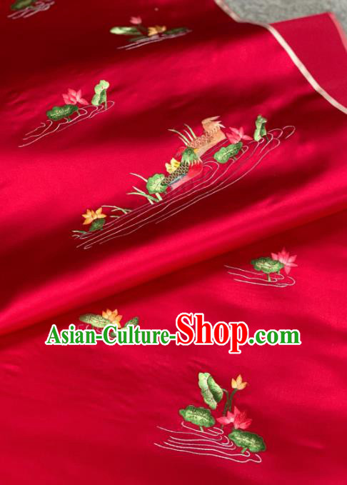 Traditional Chinese Satin Classical Embroidered Mandarin Duck Lotus Pattern Design Wine Red Brocade Fabric Asian Silk Fabric Material