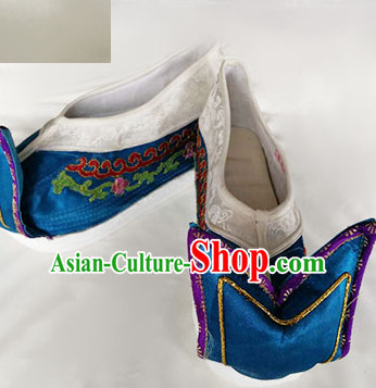 Chinese Traditional Beijing Opera Queen Blue Embroidered Shoes Ancient Empress Hanfu Shoes for Adults