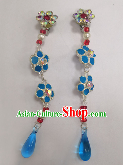 Chinese Ancient Queen Blue Crystal Plum Earrings Traditional Beijing Opera Diva Ear Accessories for Adults