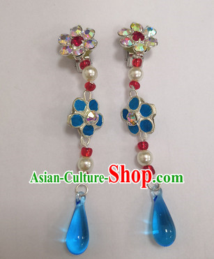 Chinese Ancient Queen Double Plum Blue Crystal Earrings Traditional Beijing Opera Diva Ear Accessories for Adults