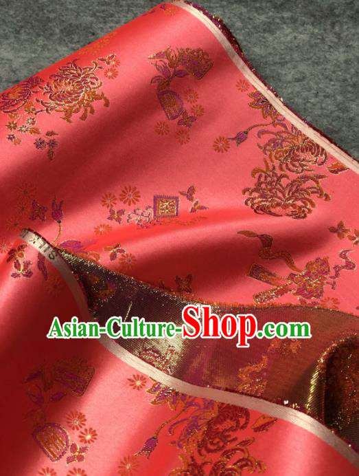 Traditional Chinese Satin Classical Chrysanthemum Pattern Design Watermelon Red Brocade Fabric Asian Silk Fabric Material