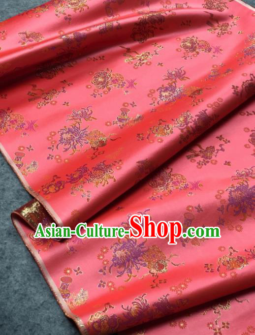Traditional Chinese Satin Classical Chrysanthemum Pattern Design Watermelon Red Brocade Fabric Asian Silk Fabric Material