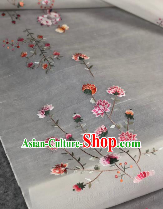 Traditional Chinese Satin Classical Embroidered Lotus Pattern Design White Brocade Fabric Asian Silk Fabric Material