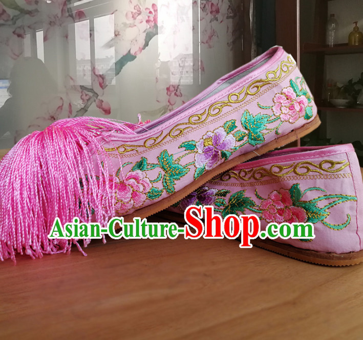 Chinese Traditional Beijing Opera Diva Pink Satin Shoes Ancient Princess Hanfu Embroidered Shoes for Adults