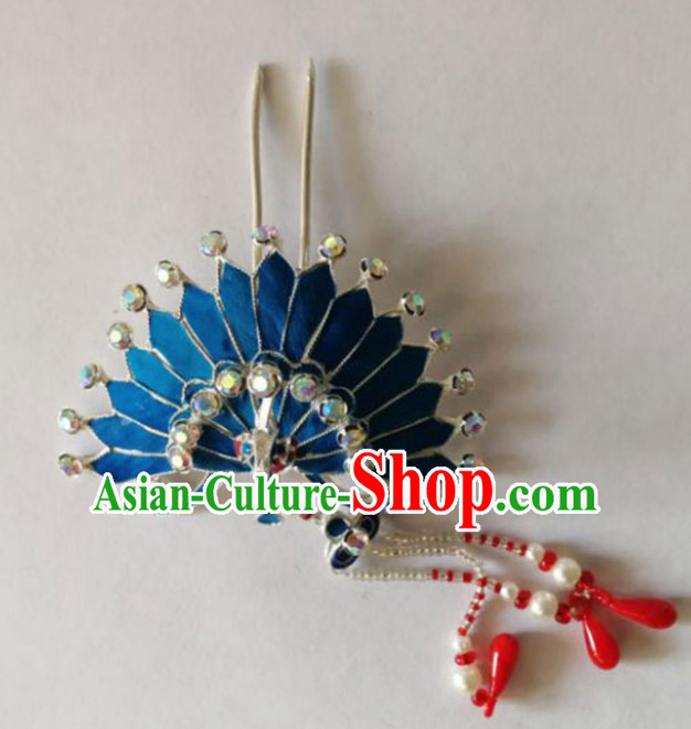 Chinese Ancient Court Princess Peacock Tassel Hair Clip Hairpins Traditional Beijing Opera Diva Hair Accessories for Adults