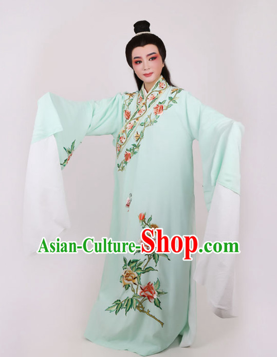 Chinese Traditional Beijing Opera Niche Scholar Embroidered Peony Green Robe Ancient Nobility Childe Costume for Men