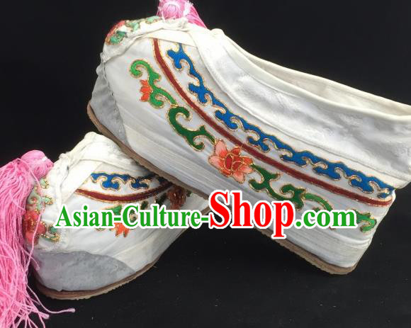 Chinese Ancient Court Princess White Hanfu Shoes Traditional Beijing Opera Diva Embroidered Shoes for Adults
