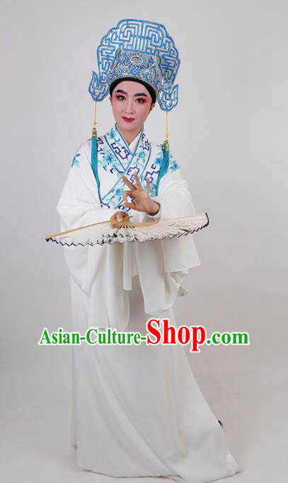 Chinese Traditional Beijing Opera Niche White Robe Ancient Scholar Nobility Childe Embroidered Costume for Men