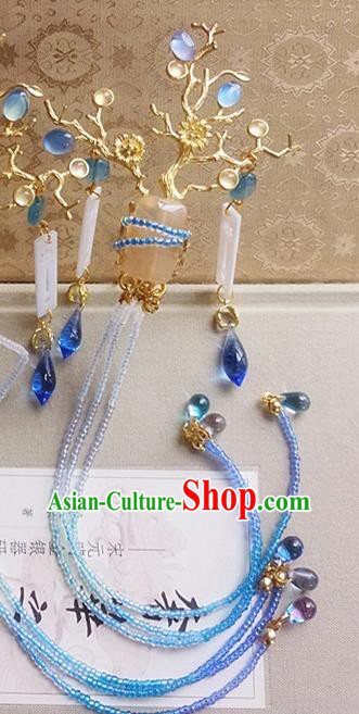 Chinese Ancient Princess Blue Beads Tassel Hair Claws Hairpins Traditional Hanfu Palace Hair Accessories for Women