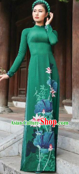 Asian Vietnam Traditional Printing Lotus Deep Green Dress Vietnamese Classical Ao Dai Cheongsam for Women
