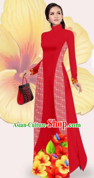 Asian Vietnam Traditional Printing Red Dress Vietnamese Classical Ao Dai Cheongsam for Women
