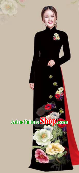 Asian Vietnam Traditional Printing Camellia Black Dress Vietnamese National Classical Ao Dai Cheongsam for Women