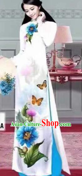 Asian Vietnam Traditional Printing Butterfly Flower Dress Vietnamese National Classical Ao Dai Cheongsam for Women