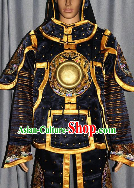 Chinese Traditional Drama Tabard Costume Ancient Qing Dynasty Manchu General Helmet and Body Armour for Men