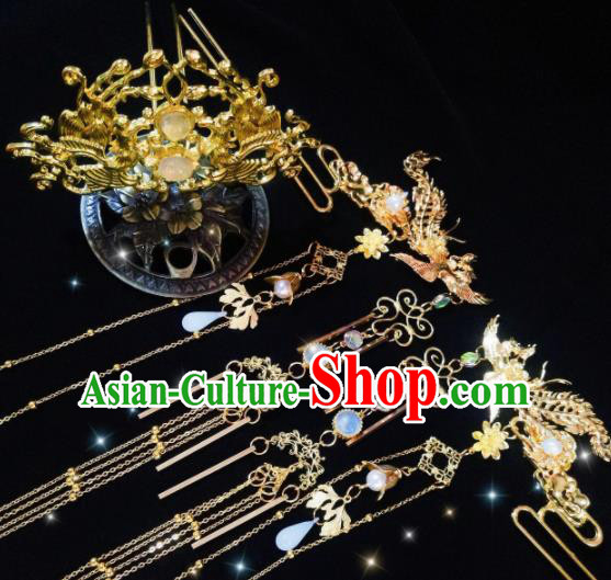Chinese Ancient Palace Princess Golden Hairdo Crown Tassel Hairpins Traditional Hanfu Hair Accessories for Women