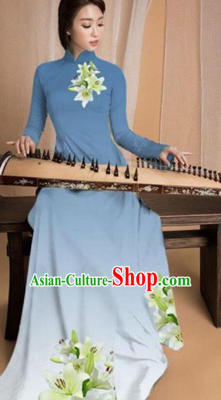 Asian Vietnam Traditional Printing Lily Flowers Blue Dress Vietnamese National Classical Ao Dai Cheongsam for Women