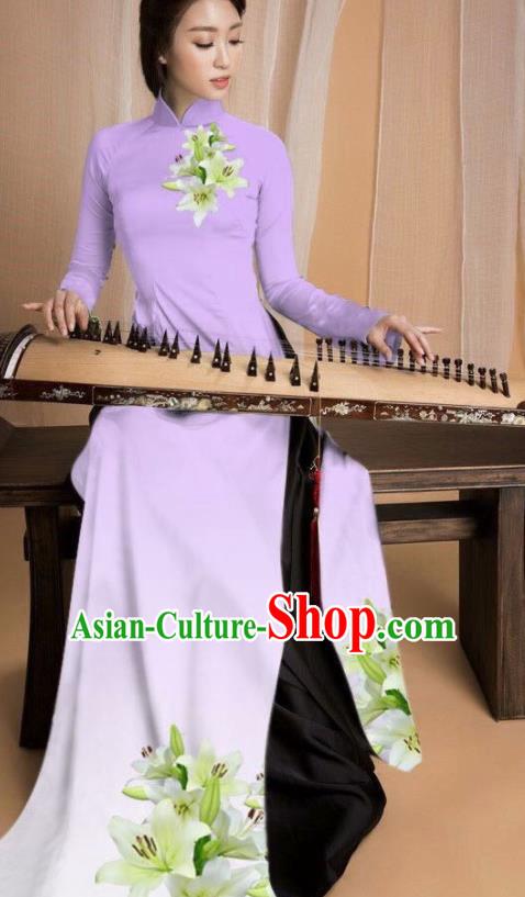 Asian Vietnam Traditional Printing Lily Flowers Purple Dress Vietnamese National Classical Ao Dai Cheongsam for Women