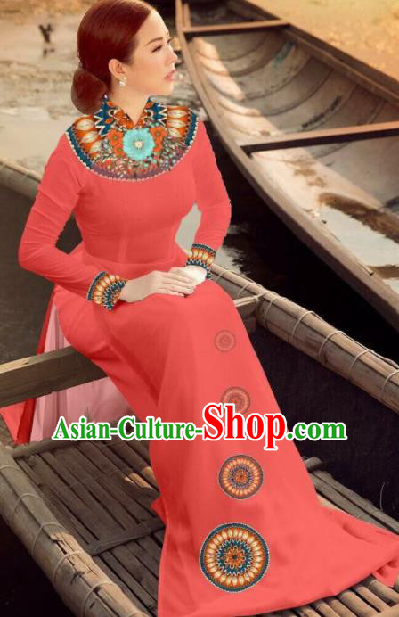 Asian Vietnam Traditional Bride Watermelon Red Dress Vietnamese National Classical Ao Dai Cheongsam for Women