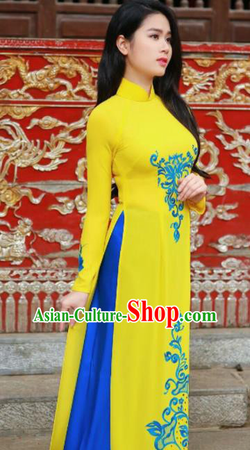 Asian Vietnam Traditional Bride Printing Yellow Dress Vietnamese National Classical Ao Dai Cheongsam for Women