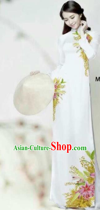 Asian Vietnam Traditional Bride Printing Flowers White Dress Vietnamese National Classical Ao Dai Cheongsam for Women