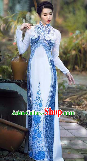 Asian Vietnam Traditional Bride Printing Blue Peony Dress Vietnamese National Classical Ao Dai Cheongsam for Women