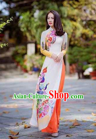 Asian Vietnam Traditional Printing Peacock Peony Dress Vietnamese National Classical Ao Dai Cheongsam for Women
