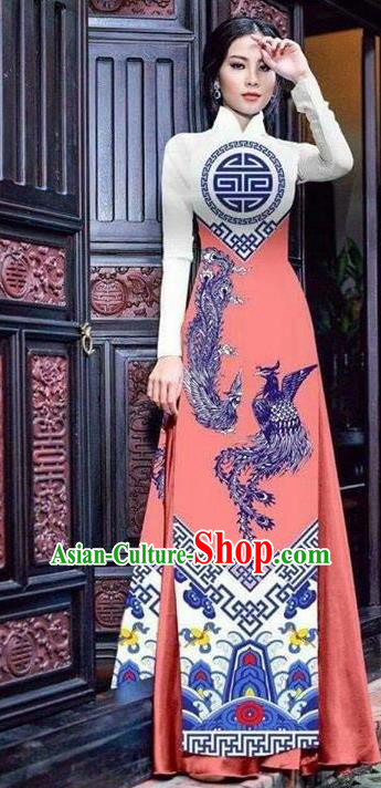 Asian Vietnam Traditional Bride Printing Phoenix Pink Dress Vietnamese National Classical Ao Dai Cheongsam for Women