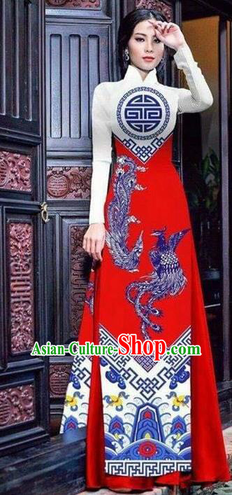 Asian Vietnam Traditional Bride Printing Phoenix Red Dress Vietnamese National Classical Ao Dai Cheongsam for Women