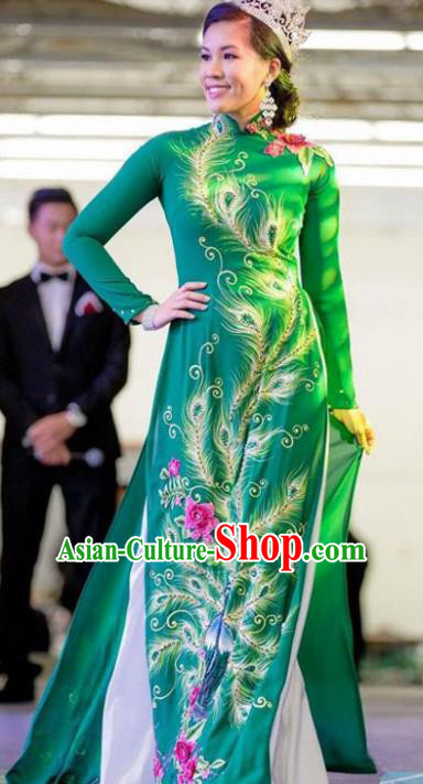 Asian Vietnam Traditional Printing Green Silk Dress Bride Costume Vietnamese National Classical Ao Dai Cheongsam for Women