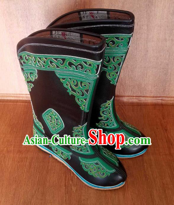 Traditional Chinese Mongol Ethnic Handmade Black Leather Boots Mongolian Minority Folk Dance Shoes for Men