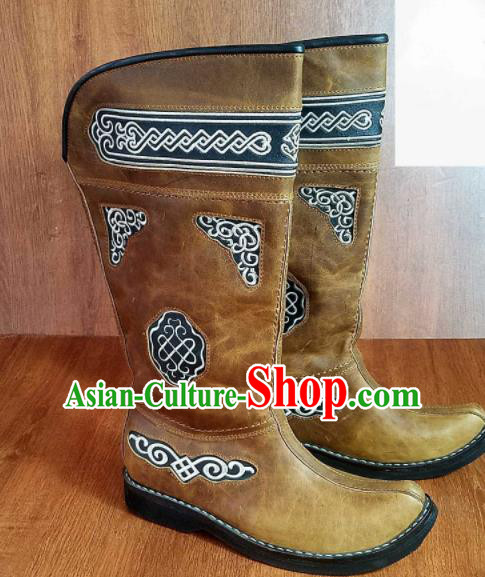 Traditional Chinese Mongol Ethnic Ginger Leather High Boots Mongolian Minority Folk Dance Handmade Shoes for Men