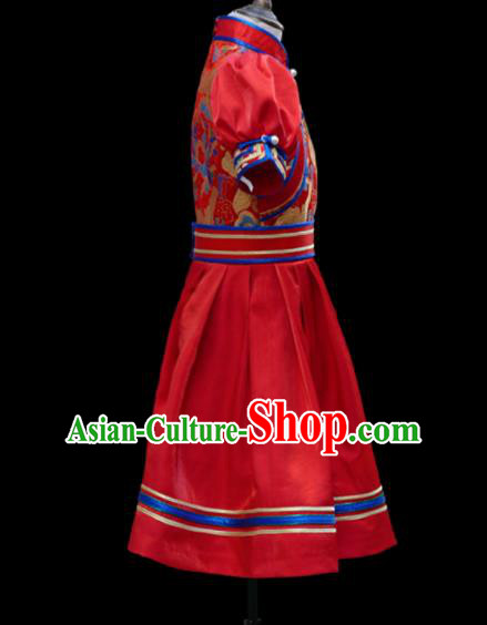 Traditional Chinese Mongol Ethnic Red Short Dress Mongolian Minority Folk Dance Clothing for Kids