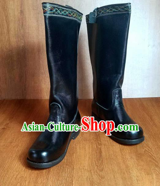 Traditional Chinese Mongol Ethnic Black Leather Boots Mongolian Minority Folk Dance Handmade Shoes for Men