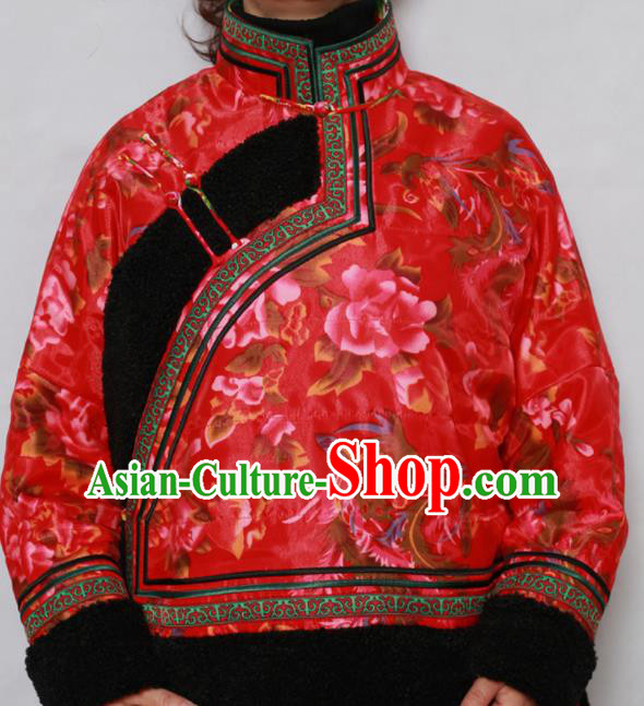 Traditional Chinese Mongol Ethnic Red Cotton Wadded Jacket Mongolian Minority Folk Dance Costume for Women